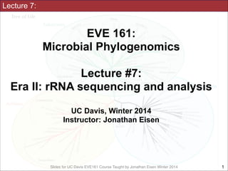 Lecture 7:

EVE 161: 
Microbial Phylogenomics
!

Lecture #7:
Era II: rRNA sequencing and analysis
!
UC Davis, Winter 2014
Instructor: Jonathan Eisen

Slides for UC Davis EVE161 Course Taught by Jonathan Eisen Winter 2014

!1

 