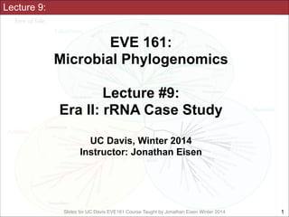 Lecture 9:

EVE 161: 
Microbial Phylogenomics
!

Lecture #9:
Era II: rRNA Case Study
!
UC Davis, Winter 2014
Instructor: Jonathan Eisen

Slides for UC Davis EVE161 Course Taught by Jonathan Eisen Winter 2014

!1

 