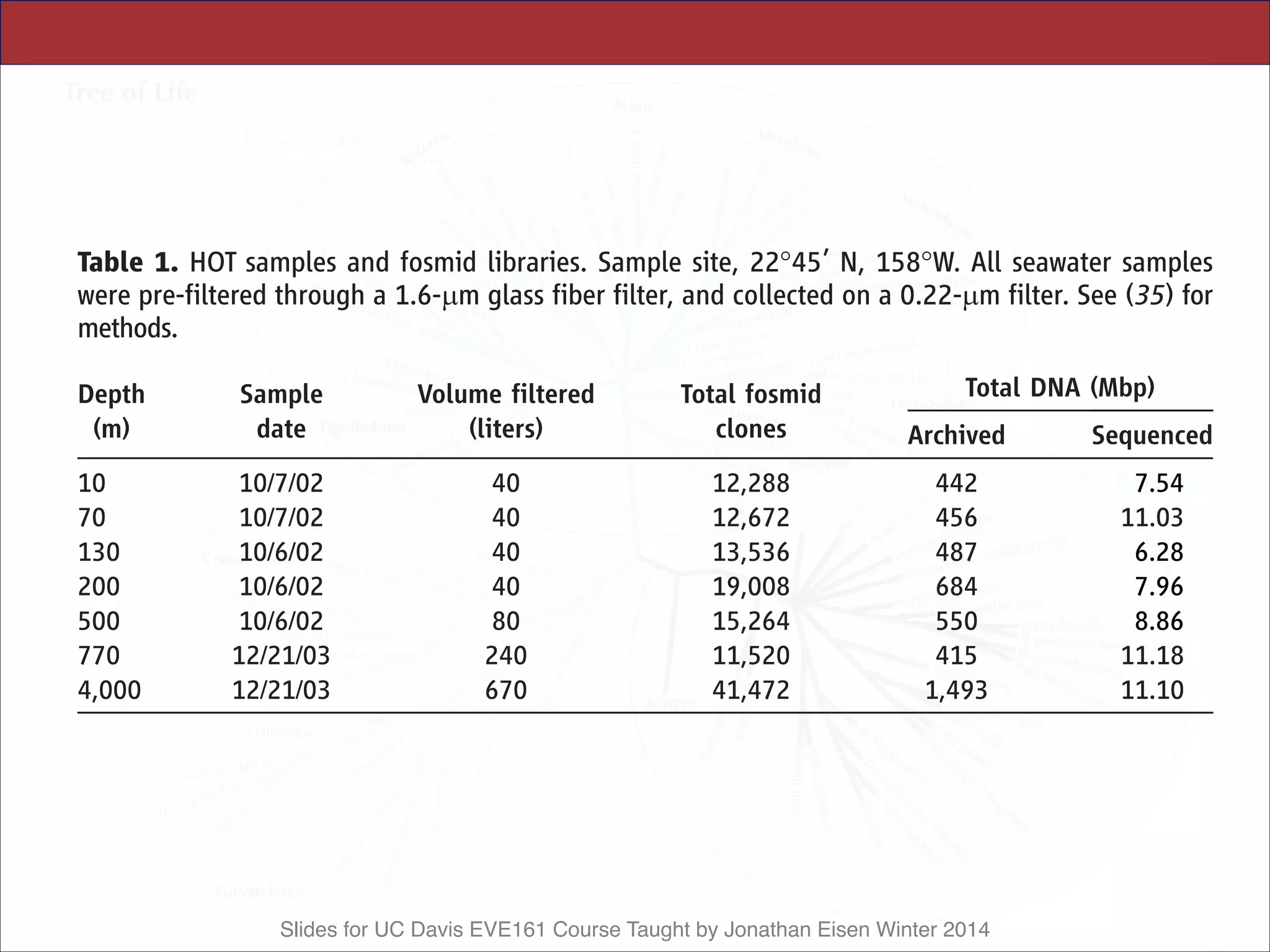 Slides for UC Davis EVE161 Course Taught by Jonathan Eisen Winter 2014
would facilitate detection of ecologically meaning-
ful taxonomic, functional, and community trends.
Vertical Profiles of Microbial Taxa
Vertical distributions of bacterial groups were
assessed by amplifying and sequencing small
(SAR92, OM60, SAR86 clades); Alphaproteo-
bacteria (SAR116, OM75 clades); and Delta-
proteobacteria (OM27 clade) (Fig. 2). Bacterial
groups from deeper waters included members
of Deferribacteres; Planctomycetaceae; Acido-
bacteriales; Gemmatamonadaceae; Nitrospina;
fo
fig
ge
w
of
la
re
lik
hi
Rh
tio
ge
gr
lik
oc
Pl
w
w
ro
Table 1. HOT samples and fosmid libraries. Sample site, 22-45’ N, 158-W. All seawater samples
were pre-filtered through a 1.6-mm glass fiber filter, and collected on a 0.22-mm filter. See (35) for
methods.
Depth
(m)
Sample
date
Volume filtered
(liters)
Total fosmid
clones
Total DNA (Mbp)
Archived Sequenced
10 10/7/02 40 12,288 442 7.54
70 10/7/02 40 12,672 456 11.03
130 10/6/02 40 13,536 487 6.28
200 10/6/02 40 19,008 684 7.96
500 10/6/02 80 15,264 550 8.86
770 12/21/03 240 11,520 415 11.18
4,000 12/21/03 670 41,472 1,493 11.10
Table 2. HOT sample oceanographic data. Samples described in Table 1.
Oceanographic parameters were measured as specified at (49); values shown
are those from the same CTD casts as the samples, where available. Values in
parentheses are the mean T 1 SD of each core parameter during the period
October 1988 to December 2004, with the total number of measurements
dissolved inorganic carbon.
column samples (assuming a
and a light extinction coeffic
of surface), 70 m 0 1.63 (5%
200 m 0 0.07 (0.02% of su
 