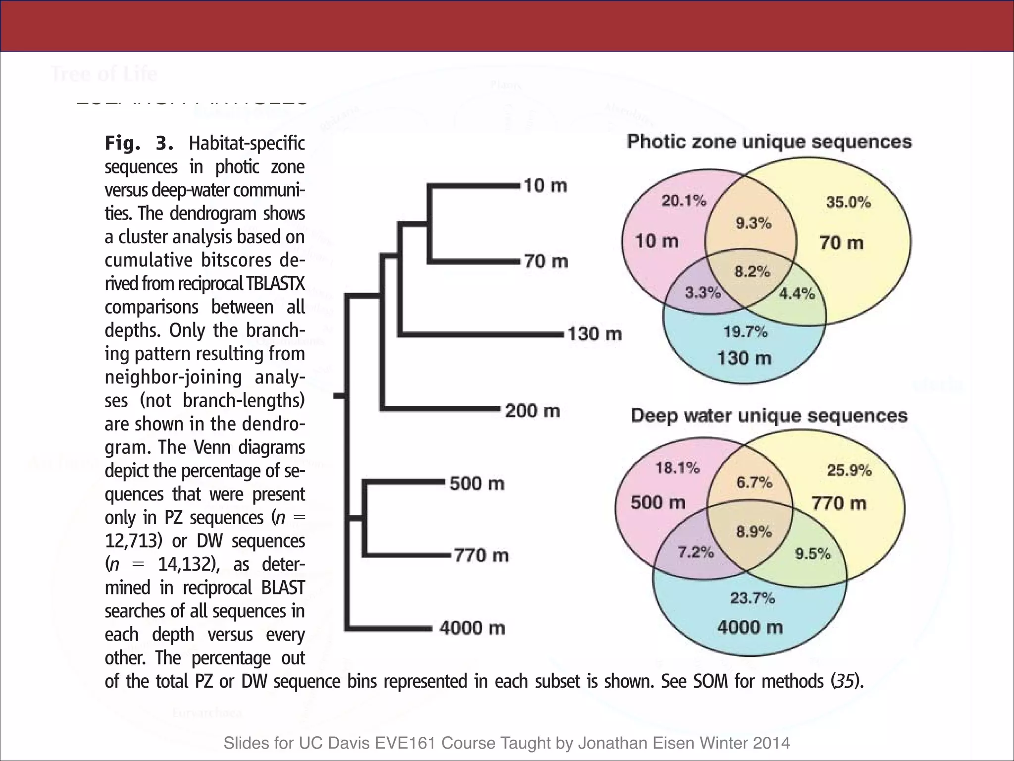 Slides for UC Davis EVE161 Course Taught by Jonathan Eisen Winter 2014
mortality
number o
was unex
expected
our colle
similar a
butions fr
of viral
libraries
ing virus
Viral DN
zone, wit
senting 1
5), and 60
Below 20
than 0.3%
Most pho
similarity
the Podo
sistent wi
a widespr
ocean.
Analy
vided furt
sequence
Fig. 3. Habitat-specific
sequences in photic zone
versusdeep-watercommuni-
ties. The dendrogram shows
a cluster analysis based on
cumulative bitscores de-
rivedfromreciprocalTBLASTX
comparisons between all
depths. Only the branch-
ing pattern resulting from
neighbor-joining analy-
ses (not branch-lengths)
are shown in the dendro-
gram. The Venn diagrams
depict the percentage of se-
quences that were present
only in PZ sequences (n 0
12,713) or DW sequences
(n 0 14,132), as deter-
mined in reciprocal BLAST
searches of all sequences in
each depth versus every
other. The percentage out
of the total PZ or DW sequence bins represented in each subset is shown. See SOM for methods (35).
RESEARCH ARTICLES
 