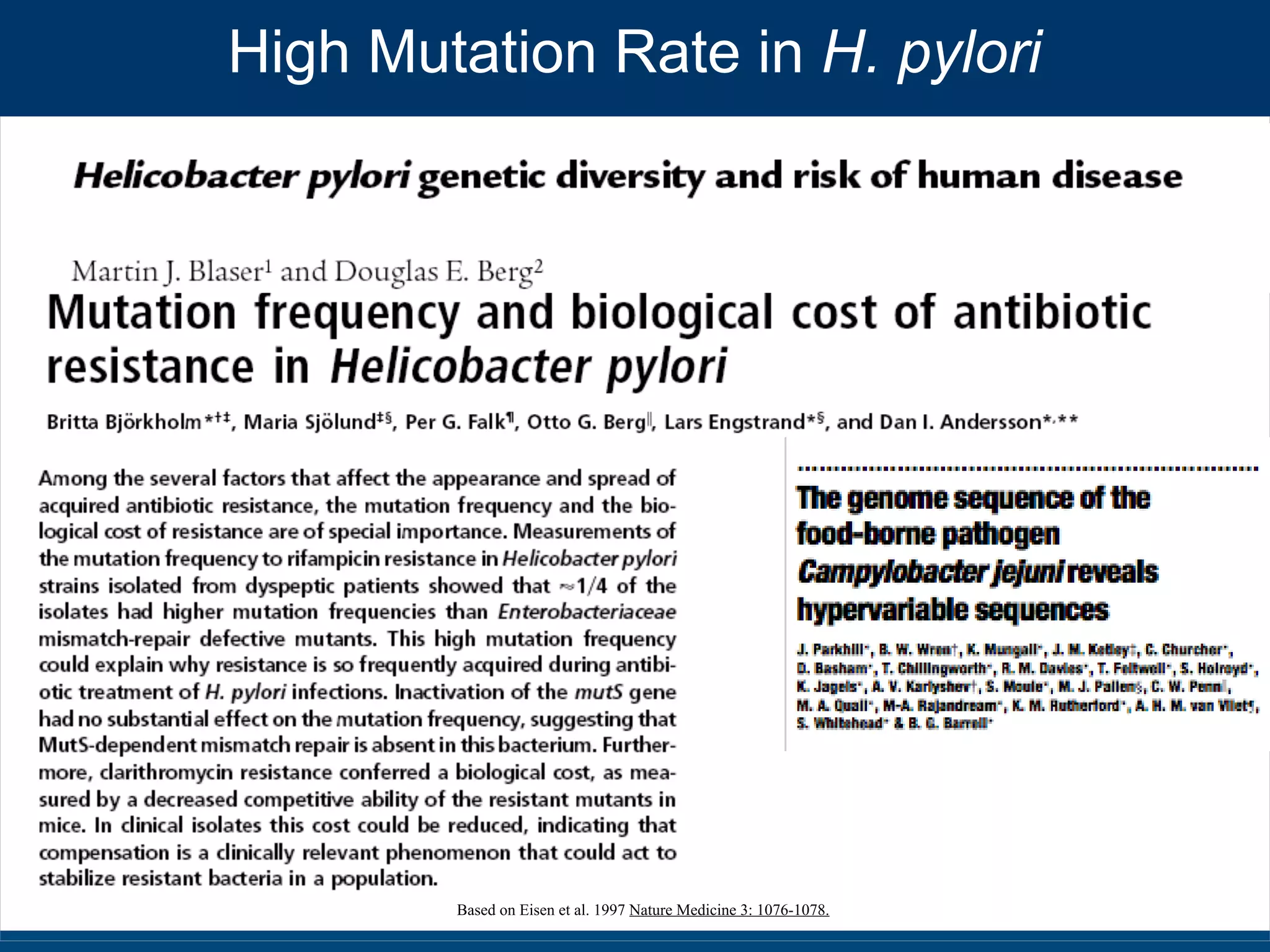 Slides for UC Davis EVE161 Course Taught by Jonathan Eisen Winter 2014
High Mutation Rate in H. pylori
Based on Eisen et al. 1997 Nature Medicine 3: 1076-1078.
 