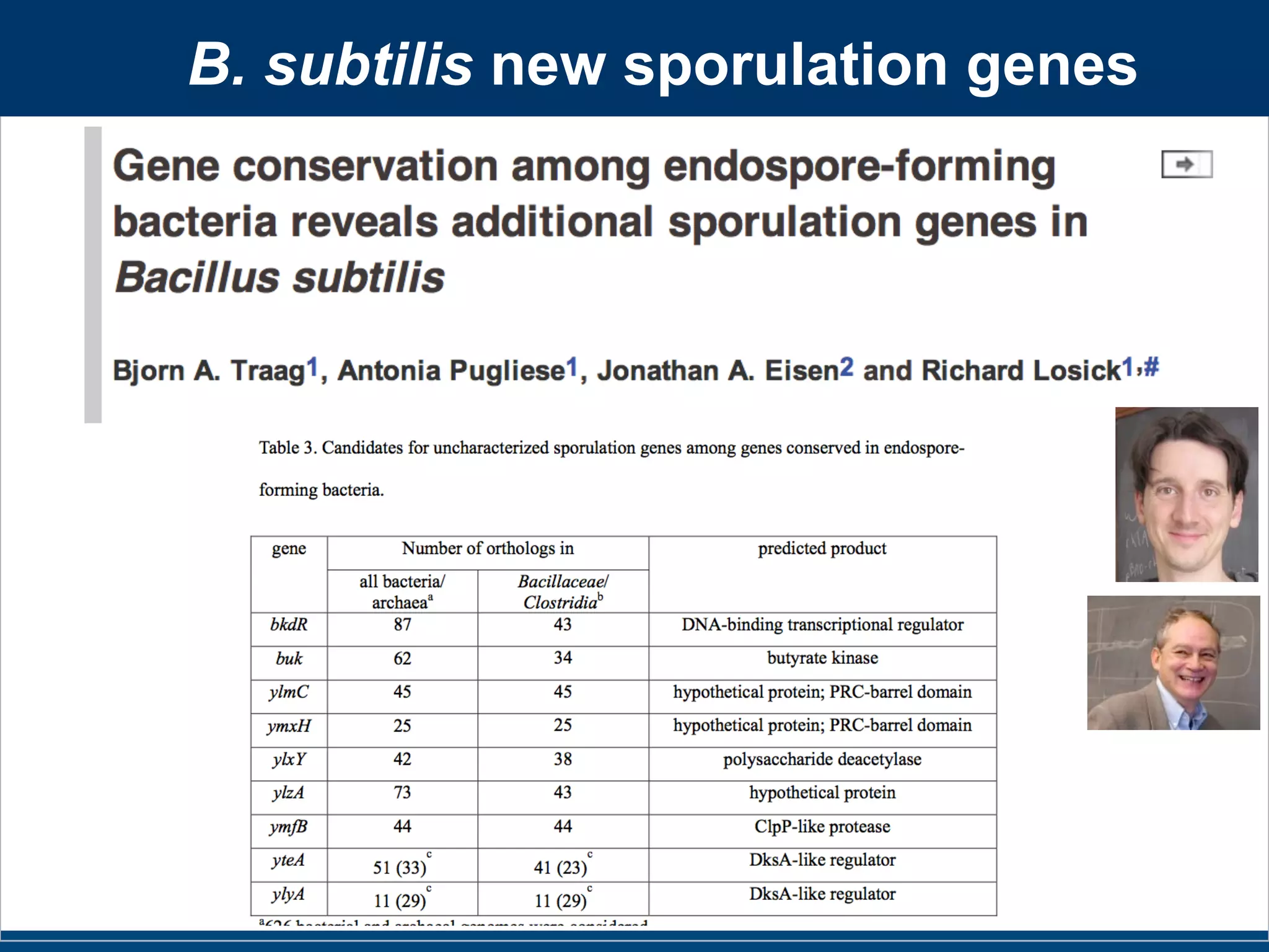Slides for UC Davis EVE161 Course Taught by Jonathan Eisen Winter 2014
B. subtilis new sporulation genes
 