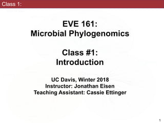 Class 1:
EVE 161: 
Microbial Phylogenomics
Class #1:
Introduction
UC Davis, Winter 2018
Instructor: Jonathan Eisen
Teaching Assistant: Cassie Ettinger
!1
 
