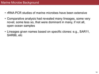 Marine Microbe Background
• rRNA PCR studies of marine microbes have been extensive
• Comparative analysis had revealed many lineages, some very
novel, some less so, that were dominant in many, if not all,
open ocean samples
• Lineages given names based on specific clones: e.g., SAR11,
SAR86, etc
!14
 