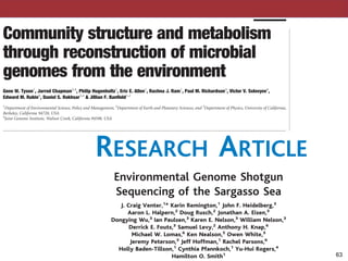Community structure and metabolism
through reconstruction of microbial
genomes from the environment
Gene W. Tyson1
, Jarrod Chapman3,4
, Philip Hugenholtz1
, Eric E. Allen1
, Rachna J. Ram1
, Paul M. Richardson4
, Victor V. Solovyev4
,
Edward M. Rubin4
, Daniel S. Rokhsar3,4
& Jillian F. Banﬁeld1,2
1
Department of Environmental Science, Policy and Management, 2
Department of Earth and Planetary Sciences, and 3
Department of Physics, University of California,
Berkeley, California 94720, USA
4
Joint Genome Institute, Walnut Creek, California 94598, USA
...........................................................................................................................................................................................................................
Microbial communities are vital in the functioning of all ecosystems; however, most microorganisms are uncultivated, and their
roles in natural systems are unclear. Here, using random shotgun sequencing of DNA from a natural acidophilic bioﬁlm, we report
reconstruction of near-complete genomes of Leptospirillum group II and Ferroplasma type II, and partial recovery of three other
genomes. This was possible because the bioﬁlm was dominated by a small number of species populations and the frequency of
genomic rearrangements and gene insertions or deletions was relatively low. Because each sequence read came from a different
individual, we could determine that single-nucleotide polymorphisms are the predominant form of heterogeneity at the strain level.
The Leptospirillum group II genome had remarkably few nucleotide polymorphisms, despite the existence of low-abundance
variants. The Ferroplasma type II genome seems to be a composite from three ancestral strains that have undergone homologous
recombination to form a large population of mosaic genomes. Analysis of the gene complement for each organism revealed the
pathways for carbon and nitrogen ﬁxation and energy generation, and provided insights into survival strategies in an extreme
environment.
The study of microbial evolution and ecology has been revolutio-
nized by DNA sequencing and analysis1–3
. However, isolates have
been the main source of sequence data, and only a small fraction of
microorganisms have been cultivated4–6
. Consequently, focus has
shifted towards the analysis of uncultivated microorganisms via
cloning of conserved genes5
and genome fragments directly from
the environment7–9
. To date, only a small fraction of genes have been
recovered from individual environments, limiting the analysis of
ﬂuorescence in situ hybridization (FISH) revealed that all bioﬁlms
contained mixtures of bacteria (Leptospirillum, Sulfobacillus and, in
a few cases, Acidimicrobium) and archaea (Ferroplasma and other
members of the Thermoplasmatales). The genome of one of these
archaea, Ferroplasma acidarmanus fer1, isolated from the Richmond
mine, has been sequenced previously (http://www.jgi.doe.gov/JGI_
microbial/html/ferroplasma/ferro_homepage.html).
A pink bioﬁlm (Fig. 1a) typical of AMD communities was
articles
!63
Environmental Genome Shotgun
Sequencing of the Sargasso Sea
J. Craig Venter,1
* Karin Remington,1
John F. Heidelberg,3
Aaron L. Halpern,2
Doug Rusch,2
Jonathan A. Eisen,3
Dongying Wu,3
Ian Paulsen,3
Karen E. Nelson,3
William Nelson,3
Derrick E. Fouts,3
Samuel Levy,2
Anthony H. Knap,6
Michael W. Lomas,6
Ken Nealson,5
Owen White,3
Jeremy Peterson,3
Jeff Hoffman,1
Rachel Parsons,6
Holly Baden-Tillson,1
Cynthia Pfannkoch,1
Yu-Hui Rogers,4
Hamilton O. Smith1
chlorococcus, tha
photosynthetic bio
Surface water
were collected ab
from three sites o
February 2003. A
lected aboard the S
station S” in May
are indicated on F
S1; sampling prot
one expedition to
was extracted from
genomic libraries w
2 to 6 kb were m
prepared plasmid
RESEARCH ARTICLE
 