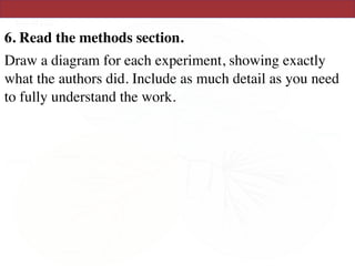 6. Read the methods section.
Draw a diagram for each experiment, showing exactly
what the authors did. Include as much detail as you need
to fully understand the work.
 