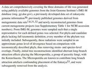 A data set comprehensively covering the three domains of life was generated
using publicly available genomes from the Joint Genome Institute’s IMG-M
database (img. jgi.doe.gov), a previously developed data set of eukaryotic
genome information30, previously published genomes derived from
metagenomic data sets7,8,31,32 and newly reconstructed genomes from
current metagenome projects (see Supplementary Table 1 for NCBI accession
numbers). From IMG-M, genomes were sampled such that a single
representative for each deﬁned genus was selected. For phyla and candidate
phyla lacking full taxonomic deﬁnition, every member of the phylum was
initially included. Subsequently, these radiations were sampled to an
approximate genus level of divergence based on comparison with
taxonomically described phyla, thus removing strain- and species-level
overlaps. Finally, initial tree reconstructions identiﬁed aberrant long-branch
attraction effects placing the Microsporidia, a group of parasitic fungi, with
the Korarchaeota. The Microsporidia are known to contribute long branch
attraction artefacts confounding placement of the Eukarya33, and were
subsequently removed from the analysis.
 