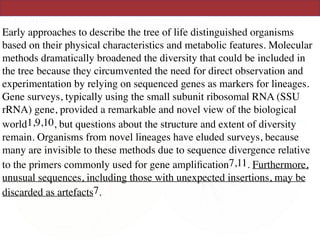 Early approaches to describe the tree of life distinguished organisms
based on their physical characteristics and metabolic features. Molecular
methods dramatically broadened the diversity that could be included in
the tree because they circumvented the need for direct observation and
experimentation by relying on sequenced genes as markers for lineages.
Gene surveys, typically using the small subunit ribosomal RNA (SSU
rRNA) gene, provided a remarkable and novel view of the biological
world1,9,10, but questions about the structure and extent of diversity
remain. Organisms from novel lineages have eluded surveys, because
many are invisible to these methods due to sequence divergence relative
to the primers commonly used for gene ampliﬁcation7,11. Furthermore,
unusual sequences, including those with unexpected insertions, may be
discarded as artefacts7.
 
