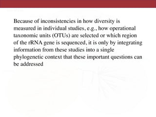 Because of inconsistencies in how diversity is
measured in individual studies, e.g., how operational
taxonomic units (OTUs) are selected or which region
of the rRNA gene is sequenced, it is only by integrating
information from these studies into a single
phylogenetic context that these important questions can
be addressed
 