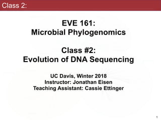 Class 2:
EVE 161: 
Microbial Phylogenomics
Class #2:
Evolution of DNA Sequencing
UC Davis, Winter 2018
Instructor: Jonathan Eisen
Teaching Assistant: Cassie Ettinger
!1
 