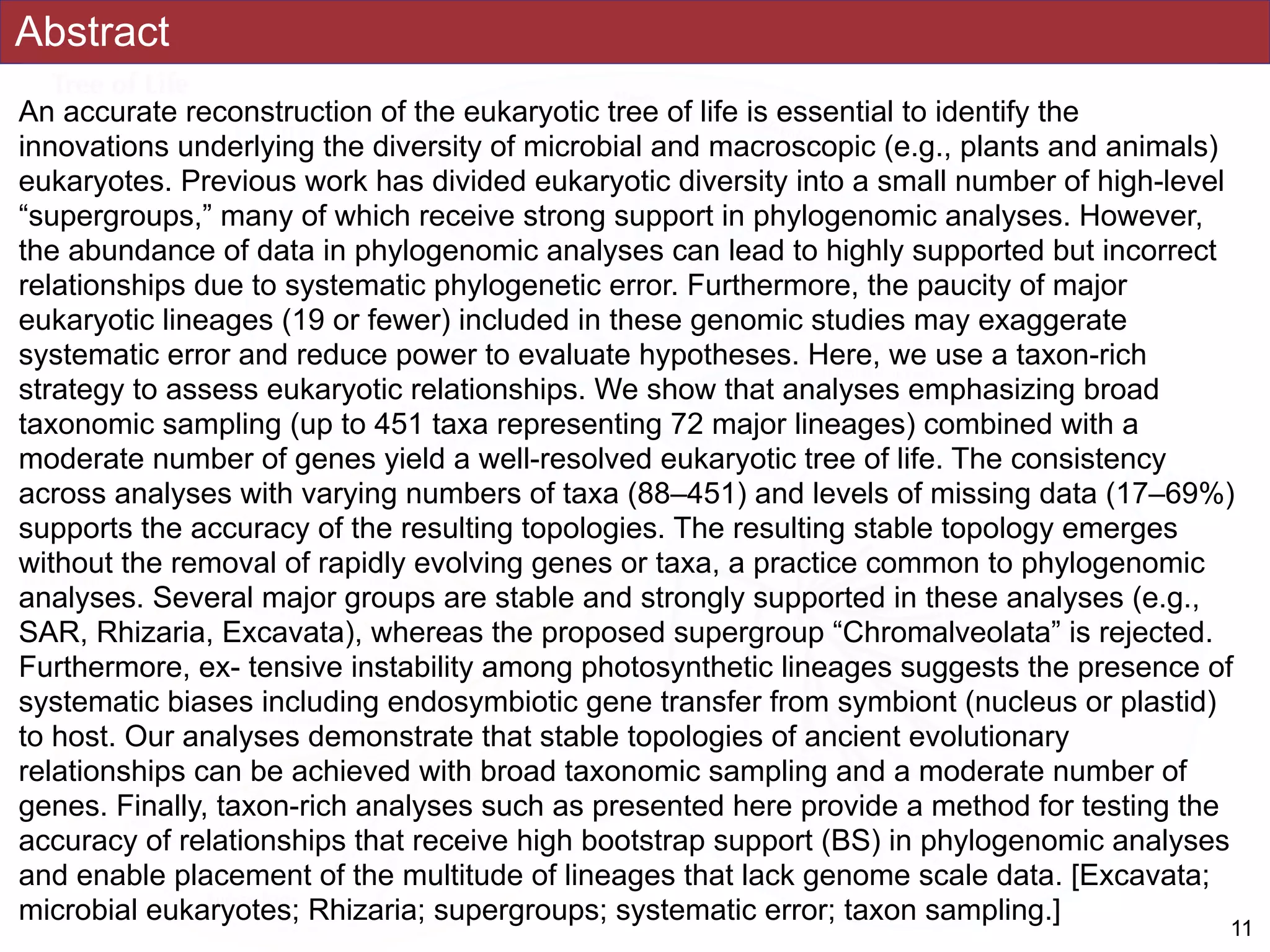 Abstract
An accurate reconstruction of the eukaryotic tree of life is essential to identify the
innovations underlying the diversity of microbial and macroscopic (e.g., plants and animals)
eukaryotes. Previous work has divided eukaryotic diversity into a small number of high-level
“supergroups,” many of which receive strong support in phylogenomic analyses. However,
the abundance of data in phylogenomic analyses can lead to highly supported but incorrect
relationships due to systematic phylogenetic error. Furthermore, the paucity of major
eukaryotic lineages (19 or fewer) included in these genomic studies may exaggerate
systematic error and reduce power to evaluate hypotheses. Here, we use a taxon-rich
strategy to assess eukaryotic relationships. We show that analyses emphasizing broad
taxonomic sampling (up to 451 taxa representing 72 major lineages) combined with a
moderate number of genes yield a well-resolved eukaryotic tree of life. The consistency
across analyses with varying numbers of taxa (88–451) and levels of missing data (17–69%)
supports the accuracy of the resulting topologies. The resulting stable topology emerges
without the removal of rapidly evolving genes or taxa, a practice common to phylogenomic
analyses. Several major groups are stable and strongly supported in these analyses (e.g.,
SAR, Rhizaria, Excavata), whereas the proposed supergroup “Chromalveolata” is rejected.
Furthermore, ex- tensive instability among photosynthetic lineages suggests the presence of
systematic biases including endosymbiotic gene transfer from symbiont (nucleus or plastid)
to host. Our analyses demonstrate that stable topologies of ancient evolutionary
relationships can be achieved with broad taxonomic sampling and a moderate number of
genes. Finally, taxon-rich analyses such as presented here provide a method for testing the
accuracy of relationships that receive high bootstrap support (BS) in phylogenomic analyses
and enable placement of the multitude of lineages that lack genome scale data. [Excavata;
microbial eukaryotes; Rhizaria; supergroups; systematic error; taxon sampling.]
!11
 