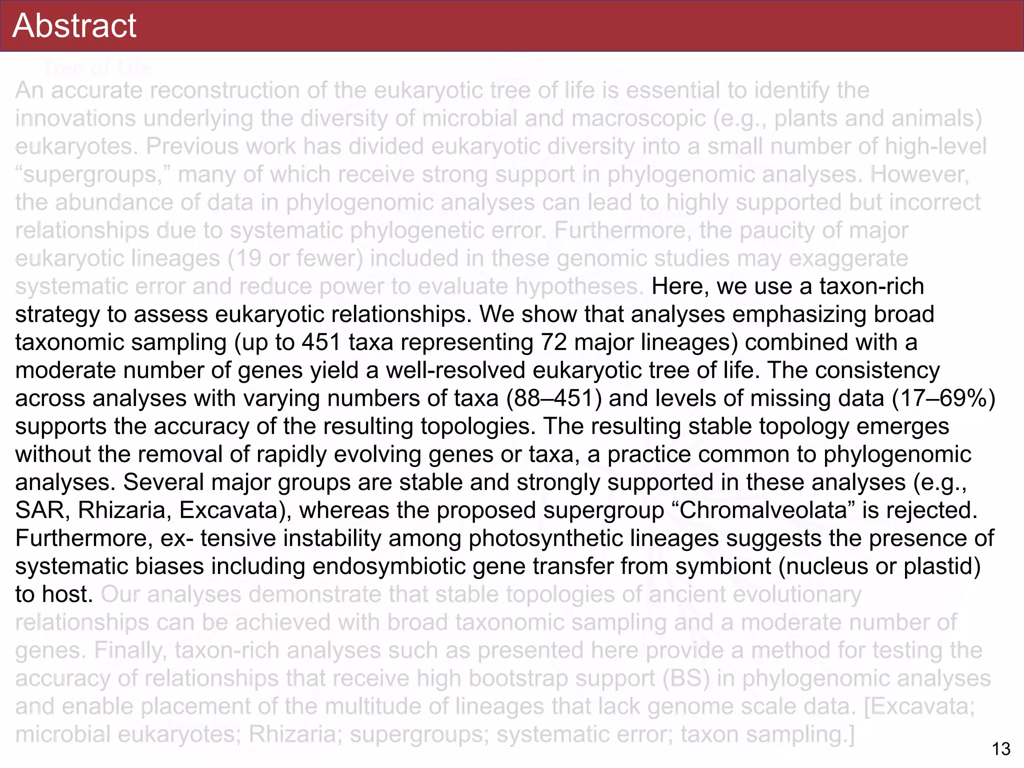 Abstract
An accurate reconstruction of the eukaryotic tree of life is essential to identify the
innovations underlying the diversity of microbial and macroscopic (e.g., plants and animals)
eukaryotes. Previous work has divided eukaryotic diversity into a small number of high-level
“supergroups,” many of which receive strong support in phylogenomic analyses. However,
the abundance of data in phylogenomic analyses can lead to highly supported but incorrect
relationships due to systematic phylogenetic error. Furthermore, the paucity of major
eukaryotic lineages (19 or fewer) included in these genomic studies may exaggerate
systematic error and reduce power to evaluate hypotheses. Here, we use a taxon-rich
strategy to assess eukaryotic relationships. We show that analyses emphasizing broad
taxonomic sampling (up to 451 taxa representing 72 major lineages) combined with a
moderate number of genes yield a well-resolved eukaryotic tree of life. The consistency
across analyses with varying numbers of taxa (88–451) and levels of missing data (17–69%)
supports the accuracy of the resulting topologies. The resulting stable topology emerges
without the removal of rapidly evolving genes or taxa, a practice common to phylogenomic
analyses. Several major groups are stable and strongly supported in these analyses (e.g.,
SAR, Rhizaria, Excavata), whereas the proposed supergroup “Chromalveolata” is rejected.
Furthermore, ex- tensive instability among photosynthetic lineages suggests the presence of
systematic biases including endosymbiotic gene transfer from symbiont (nucleus or plastid)
to host. Our analyses demonstrate that stable topologies of ancient evolutionary
relationships can be achieved with broad taxonomic sampling and a moderate number of
genes. Finally, taxon-rich analyses such as presented here provide a method for testing the
accuracy of relationships that receive high bootstrap support (BS) in phylogenomic analyses
and enable placement of the multitude of lineages that lack genome scale data. [Excavata;
microbial eukaryotes; Rhizaria; supergroups; systematic error; taxon sampling.]
!13
 