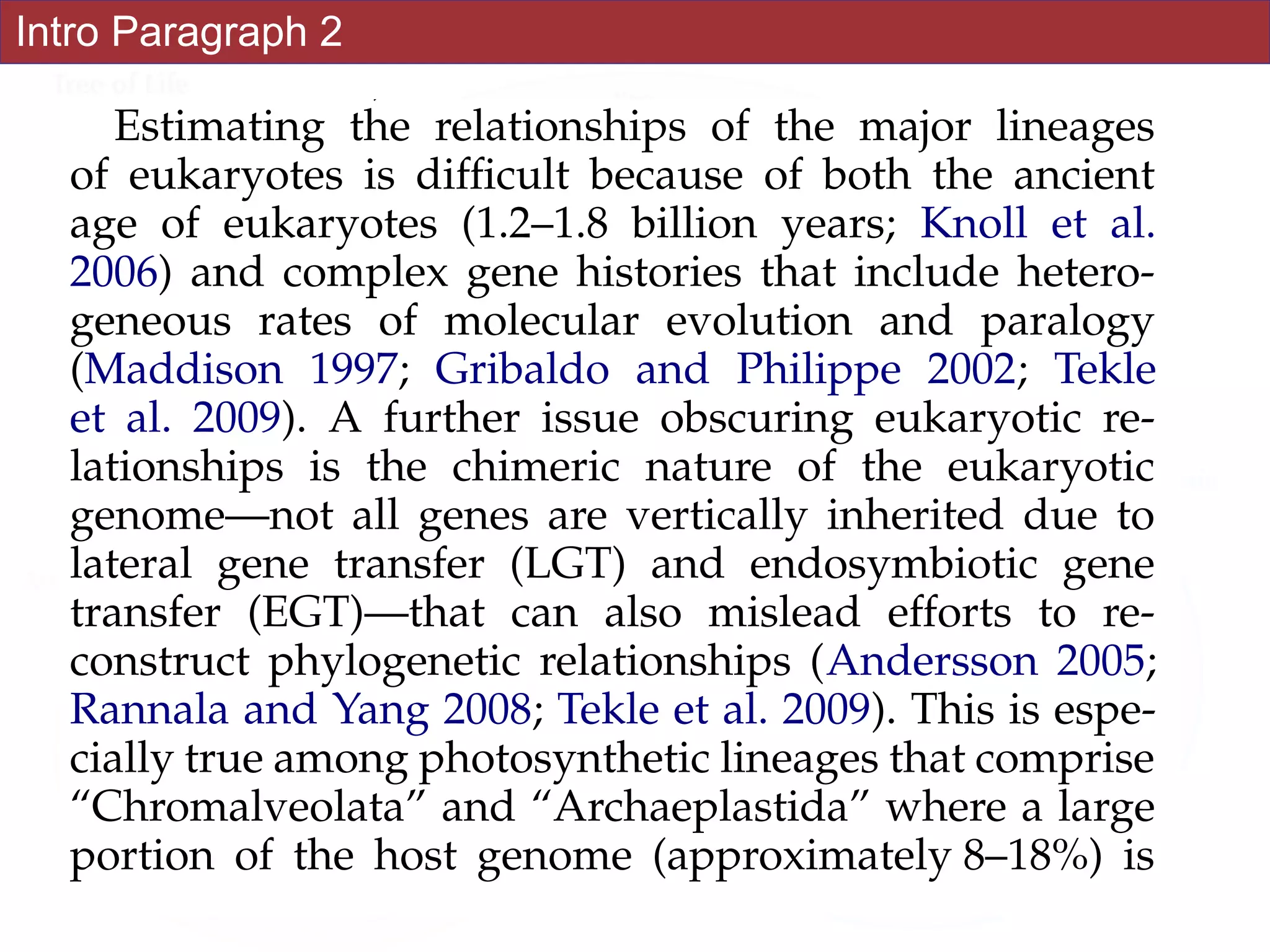 w
e
4;
e
—
c
8;
l.
s
s
a
d
n-
s
n-
5;
a;
n
deep nodes (Cavalier-Smith 2004; Parfrey et al. 2006;
Yoon et al. 2008).
Estimating the relationships of the major lineages
of eukaryotes is difﬁcult because of both the ancient
age of eukaryotes (1.2–1.8 billion years; Knoll et al.
2006) and complex gene histories that include hetero-
geneous rates of molecular evolution and paralogy
(Maddison 1997; Gribaldo and Philippe 2002; Tekle
et al. 2009). A further issue obscuring eukaryotic re-
lationships is the chimeric nature of the eukaryotic
genome—not all genes are vertically inherited due to
lateral gene transfer (LGT) and endosymbiotic gene
transfer (EGT)—that can also mislead efforts to re-
construct phylogenetic relationships (Andersson 2005;
Rannala and Yang 2008; Tekle et al. 2009). This is espe-
cially true among photosynthetic lineages that comprise
“Chromalveolata” and “Archaeplastida” where a large
portion of the host genome (approximately 8–18%) is
Intro Paragraph 2
 