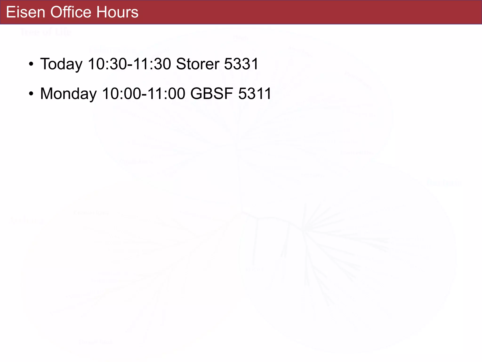 Eisen Office Hours
• Today 10:30-11:30 Storer 5331
• Monday 10:00-11:00 GBSF 5311
 