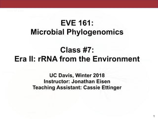 EVE 161: 
Microbial Phylogenomics
Class #7:
Era II: rRNA from the Environment
UC Davis, Winter 2018
Instructor: Jonathan Eisen
Teaching Assistant: Cassie Ettinger
!1
 