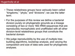 • These relatedness groups have variously been called
“kingdoms,” “phyla,” and “divisions”; we use the latter
term.
• For the purposes of this review we define a bacterial
division purely on phylogenetic grounds as a lineage
consisting of two or more 16S rRNA sequences that are
reproducibly monophyletic and unaffiliated with all other
division-level relatedness groups that constitute the
bacterial domain
• We judge reproducibility by the use of multiple tree-
building algorithms, bootstrap analysis, and varying the
composition and size of data sets used for phylogenetic
analyses.
Hugenholtz et al
 