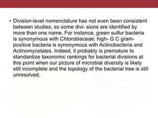• Division-level nomenclature has not even been consistent
between studies, so some divi- sions are identified by
more than one name. For instance, green sulfur bacteria
is synonymous with Chlorobiaceae; high- G C gram-
positive bacteria is synonymous with Actinobacteria and
Actinomycetales. Indeed, it probably is premature to
standardize taxonomic rankings for bacterial divisions at
this point when our picture of microbial diversity is likely
still incomplete and the topology of the bacterial tree is still
unresolved.
 