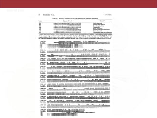 698 WEISBURG ET AL. J. BACTERIOL.
TABLE 1. Summary of primers for the PCR amplification of eubacterial 16S rDNAa
Primer Sequence (5' to 3') Designed for:
fDl ccgaattcgtcgacaacAGAGTTTGATCCTGGCTCAG Most eubacteria
fD2 ccgaattcgtcgacaacAGAGTTTGATCATGGCTCAG Enterics and relatives
fD3 ccgaattcgtcgacaacAGAGTTTGATCCTGGCTTAG Borrelia spirochetes
fD4 ccgaattcgtcgacaacAGAATTTGATCTTGGTTCAG Chlamydiae
rDl cccgggatccaagcttAAGGAGGTGATCCAGCC Many eubacteria
rPl cccgggatccaagcttACGGTTACCTTGTTACGACTT Enterics (and most eubacteria)
rP2 cccgggatccaagcttACGGCTACCTTGTTACGACTT Most eubacteria
rP3 cccgggatccaagcttACGGATACCTTGTTACGACTT Fusobacteria (and most eubacteria)
a Primer abbreviations: f, forward; r, reverse; D, distal; P, proximal. All primer sequences are presented in 5' to 3' orientation. Linker sequences containing restriction
sites for cloning are designated in lowercase letters. The "f' series of linkers all contain EcoRI and SalI sites, and the "r" series all contain HindIJl, BamHI, and XmaI
recognition sequences. Reverse primers produce sequences complimentary to the rRNA. Primers rPl, rP2, and rP3 are identical except for the 17th base from the 3'
end. Under most amplification conditions, they should be functionally equivalent. Primer rP2 has the sequence corresponding to the greatest diversity of bacteria.
CONS=90% AGAGUUUGAUC UGGCUCAG GAACGCUGGCGG - GC U A ACAUGCAAGUCG CG
E. coli AAAUUGAAGAGUUUGAUCAUGGCUCAGAUUGAACGCUGGCGGCA--GGCCUAACACAUGCAAGUCGAACGGUAACAGGAAGAAGCUUGC
An. marg i agaguuugauccuggcucagAACGAACGCUGGCGGCA-AGCUUAACACAUGCAAGUCGAACGGACCGUAUACGCAGCUUGC
fDl 5' ccaattcgtcgacaacAGAG¶TTGATCCTGGCTCAG-3' (extend)>
fD2 5 'ccqaattcgtcgacaacAGAGTITGATCATGGCTCAG-3' (extend) ---->
fD3 5'ccqaattcgtcgacaacAGAGTl'GATCCTGGCTrAG-3' (extend) ---->
fD4 5' ccqaattcgtcgacaacAGAATTGATC'ITGGTTCAG-3' (extend) ---->
CONS=90% G GGC ACGGGUG GUAA U A U CC GG A A C GAAA UAAUACC AU
E. coli UUCUUUGCUGACGAGUGGCGGACGGGUGAGUAAUGUCUGGGAAACUGCCUGAUGGAGGGGGAUAACUACUGGAAACGGUAGCUAAUACCGCAUAACGUCG
An. zuargi UGCGUGUAUGGUUAGUGGCAGACGGGUGAGUAAUGCAUAGGAAUCUACCUAGUAGUAUGGGAUAGCCACUAGAAAUGGUGtGUAAUACUGUAUAAUCCUG
CONS=90% AAAG GA AU AG U GUUGG GGUAA GGC ACCAAG C A GA U
E. coli CAAGACCAAAGAGCGGGACCUUCGGGCCUCUUGCCAUCGGAUGUGCCCAGAUGGGAUUAGCUAGUAGGUGGGGUAACGGCUCACCUAGGCGACGAUCCCU
An. marqi C-GGGGGAAAGA--------UUUA-----UCGCUAUUAGAUGAGCCUAUGUCAGAUUAGCUAGUUGGUGGGGUAAUGGCCUACCAAGGCGGUGAUCUGU
CONS=90% A C G CUGAGAGG GA C G CACA UGG ACUGAGACACGG CCA ACUCCUACGGGAGGCAGCAGU GGAAU UU CAAUGG G AA CU
E. col i AGCUGGUCUGAGAGGAUGACCAGCCACACUGGAACUGAGACACGGUCCAGACUCCUACGGGAGGCAGCAGUGGGGAAUAUUGCACAAUGGGCGCAAGCCU
An .margi AGCUGGUCUGAGAGGAUGAUCAGCCACACUGGAACUGAGACACGGUCCAGACUCCUACGGGAGGCAGCAGUGGGGAAUAUUGGACAAUGGWGCAAGCCU
CONS=90% GA AGC A GCCGCGUG GA GA G U GG GUAAA CU U GA G UGAC UA
E. coli GAUGCAGCCAUGCCGCGUGUAUGAAGAAGGCCUUCGGGUUGUAAAGUACUUUCAGCGGGGAGGAAGGGAGUAAAGUUAAUACCUUUGCUCAUUGACGUUA
An.margi GAUCCAGCUAUGCCGCGUGAGUGAGGAAGGCCUUAGGGUUGUAMAACUCUUUCAGUAGGGAAGAU-------------------------MUGACGGUA
CONS=90% A AAGC CGGCUAACU GUGCCAGCAGCCGCGGUMUAC AGG GC AGCGUU CGGA U A UGGGCGUAAAG G G AGG G
E. coli CCCGCAGAAGAAGCACCGGCUAACUCCGUGCCAGCAGCCGCGGUAAUACGGAGGGUGCAAGCGUUAAUCGGMUUACUGGGCGUAAAGCGCACGCAGGCG
An.margi CCUACAGAAGAAGUCCCGGCAAACUCCGUGCCAGCAGCCGCGGUAAUACGGAGGGGGCAAGCGUUGUUCGGAMUAUUGGGCGUAAAGGGCAUGUAGGCG
CONS=90% G AGU G GU AAA GCU AAC A AC CU GA AG GG GAAUU GUGUA
E. coli GUUUGUUAAGUCAGAUGUGAAAUCCCCGGGCUCAACCUGGGAACUGCAUCUGAUACUGGCAAGCUUGAGUCUCGUAGAGGGGGGUAGAWUUCCAGGUGUA
An.margi GUUUGGUAAGUUAAAGGUGAAAUACCAGGGCUUAACCCUGGGGCUGCUUUUAAUACUGCAGGACUAGAGUCCGGAAGAGGAUAGCGGAAUUCCUAGUGUA
CONS=90% G GGUGAMU CGUAGA AU A GAA ACC U GCGAAGGC CUGG A UGAC CU A G CGAMGCGUGGGGAGC MCAGA
E. coli GCGGUGAAAUGCGUAGAGAUCUGGAGGAAUACCGGUGGCGAAGGCGGCCCCCUGGACGMGACUGACGCUCAGGUGCGAMGCGUGGGGAGCAMCAGGA
An.margi GAGGUGAAAUUCGUAGAUAUUAGGAGGAACACCAGUGGCGAAGGCGGCUGUCUGGUCCGGUACUGACGCUGAGGUGCGAAAGCGUGGGGAGCAAACAGGA
CONS=90 WUAGAUACCCUGGUAGUCCACGC UAAACGAUG U GU G G AG AACGC UAA CCGCCUGGG
E. coli UUAGAUACCCUGGUAGUCCACGCCGUAAACGAUGUCGACUUGGAGGUUGUGCCCUUGAGGCGUGGCUUCCGGAGCUAACGCGUUAAGUCGACCGCCUGGG
An.marqi UUAGAUACCCUGGUAGUCCACGCUGUAAACGAUGAGUGCUGAAUGUWGGGC-UUUU--GCCUWGUGWGUAgcUAACGCGWAAGCACUCCGCWGGG
CONS=90% AGUACG CGCAAG U AAACUCAAA GAAUUGACGGGG CCCGCACAAGCGG GGAG AUGUGGUUUAAUUCGA G ACGCG GAACCUUACC
E. coli GAGUACGGCCGCMGGUUAAAACUCAAAUGAAUUGACGGGGGCCCGCACAAGCGGUGGAGCAUGUGGUUUAAUUCGAUGCAACGCGAAGAACCUUACCUG
An.margi GACUACGGUCGCAAGACUAMACUCAAAGGAAUUGACGGGGACnCGCACAAGCGGUGGAGCAUGUGGUUUAAUUCGAUGCAACGCGAAAAACCWACCAC
CONS=90% UUGACAU -GA A - - ACAGGUG UGCAUGG UGUCGUCAGCUCGUG CGUGAG U
E. coli GUCUUGACAUCCACGGAA-GUUUUCA-GAGAUGAGAAU-GUGCCWCG-GGAACCGUGAGACAGGUGCUGCAUGGCUGUCGUCAGCUCGUGWGUGAAAU
An.margi UUCUUGACAUGGAGGCUAGAUCCUUCUUAACAGAAGGGCG-CAGUUCGGCUGGGCCUCGCACAGGUGCUGCAUGGCUGUCGUCAGCUCGUGUCGUGAGAU
CONS-90% GUUGGGUUAAGUCCCGCAACGAGCGCAACCC GUU C A C G G ACUC ACUGCC G AA GGAGGAAGG
E. coli GUUGGGUUAAGUCCCGCAACGAGCGCAACCCUUAUCCUUUGUUGCCAGCGGUC-CGGCCGGGAACUCAAAGGAGACUGCCAGUGAUAAACUGGAGMAAGG
An.uargi GUUGGGUUAAGUCCCGCAACGAGCGCAACCCUCAUCCUUAGUUACCAGCGGGUAAUGCCGGGCACUUUAAGGAAACUGCCAGUGAUAAACUGGAGGMGG
CONS-90% G GGA GACGUCAA UC UCAUG CCCUUA G GGGCUACACACGU CUACAAUGG ACA G G GC A G GA AGC AA C
E. coli UGGGGAUGACGUCAAGUCAUCAUGGCCCUUACGACCAGGGCUACACACGUGCUACAAUGGCGCAUACAAAGGAAGCGACCUCGCGAGAAGCGGACC
An.nargi UGGGGAUGAUGUCAAGUCAGCACGGCCCUUAUGGGGUGGGCUACACACGUGCUACAAUGGCGACUACMUAGGUUGCAACGUCGCAAGGCUGAGCUAAUC
CONS-90% AAA UC AGU CGGAU G CUGCAACUCG C UGMG GGA U GCUAGUAAUCG AUCAG A CGGUGAAUACGUUC
E. coli UCAUAAAGUGCGUCGUAGUCCGGAUUGGAGUCUGCAACUCGACUCCAUGAAGUCGGAAUCGCUAGUAAUCGUGGAUCAGAAUGCCACGGUGAAUACGUUC
An. argi CGU-AAAAGUCGUCUCAGUUCGGAUUGUCCUCUGUAACUCGAGGGCAUGAAGUCGGAAUCGCUAGUAAUCGUGGAUCAGCAUGCCACGGUGAAUACGUUC
CONS=90% CGGG CUUGUACACACCGCCCGUCA CA G AG AAG AACC GGA C A GU G
E. coli CCGGGCCUUGUACACACCGCCCGUCACACCAUGGGAGUGGGUUGCAAGAAGUAGGUAGCUUMAACCUUCGGGAGGGCGCUUACCACUUUGUGAUUCAUG
An.suargi UCGGGUCUUGUACACACUGCCCGUCACGCCAUGGGMUUGGCUUCUCGAA GCUGGUGCGCCAACCGUMAGGAGGCAGCCAUUUAAGGUUGGGUCGGUG
CONS=90% A UGGG AAGUCGUAACAAGGUA CC UA GAA UG GG UGGAU ACCUCCUUU
E. coll ACUGGGGUGAAGUCGUAACAAGGUAACCGUAGGGGAACCUGCGGUUGGAUCACCUCCUUA
An. argi ACUGGGGUGAAGUCGUAACAAGGUAGCUGUAGGUGAACCUGCggcuqgaucaccuccuu
rDl (---- (extend) 3'-CCGACCTAGTGGAGGAAttcgaacctagqgccc5'
rPl <---- 3'-TTCAGCATTGTTCCATTGCAttcgaacctaaagccc-5'
rP2 (---- 3'-TTCAGCATTGTTCCATCGGCAttcgaacctaqgqccc-5'
rP3 <---- 3'-TTCAGCATTGTTCCATAGGCAttcgaacctagggccc-5'
onFebruary1,2018byguesthttp://jb.asm.org/Downloadedfrom
 