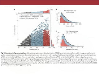 ARTICLES NATURE MICROBIOLOGY
form the UBA data set as they met our filtering criteria of having an
estimated quality ≥50 (defined as the estimated completeness of a
Taxonomic distribution of UBA genomes. The phylogenetic rela-
tionships of the UBA genomes were determined across bacterial
50 60 70 80 90 100
Completeness (%)
0
2
4
6
8
10Contamination(%) Near complete (3,438 genomes; 43.5%)
Medium quality (3,459 genomes; 43.8%)
Partial (1,006 genomes; 12.7%)
12%
33%
a
05101520
Standard tRNA count
0
5
10
15
20
Genomes(%)
0 100 200 300 400 500
No. of scaffolds
0
4
8
12
Genomes(%)
83% of genomes have
≤200 scaffolds
b
c 75% of genomes have
≥15 standard tRNAs
Fig. 1 | Assessment of genome quality. a, Estimated completeness and contamination of 7,903 genomes recovered from public metagenomes. Genome
quality was defined as completeness− 5×contamination, and only genomes with a quality of ≥50 were retained. Near-complete genomes (completeness
≥90%; contamination ≤5%) are shown in red, medium-quality genomes (completeness ≥70%; contamination ≤10%) in blue, and partial genomes
(completeness ≥50%; contamination ≤4%) in grey. Histograms along the x and y axes show the percentage of genomes at varying levels of completeness
and contamination, respectively. Notably, only 171 of the 7,903 (2.2%) UBA genomes have >5% contamination. b, Number of scaffolds comprising each of
the 7,903 genomes with colours indicating genome quality. c, Number of tRNAs for each of the 20 standard amino acids identified within each of the 7,903
genomes with colours indicating genome quality.
 