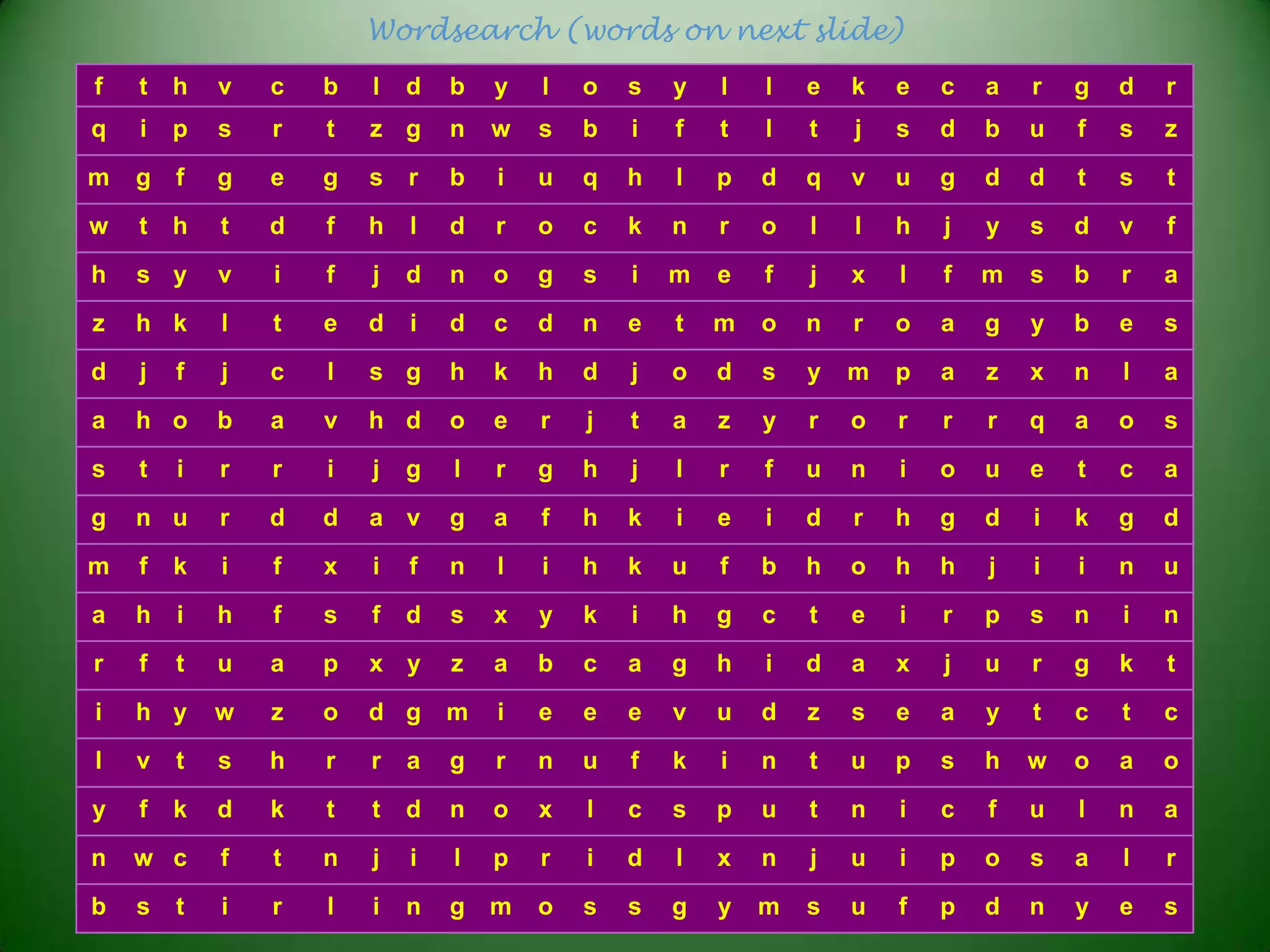 Wordsearch (words on next slide)
f

t

h

v

c

b

l

d

b

y

l

o

s

y

l

l

e

k

e

c

a

r

g

d

r

q

i

p

s

r

t

z g

n

w

s

b

i

f

t

l

t

j

s

d

b

u

f

s

z

m

g

f

g

e

g

s

r

b

i

u

q

h

l

p

d

q

v

u

g

d

d

t

s

t

w

t

h

t

d

f

h

l

d

r

o

c

k

n

r

o

l

l

h

j

y

s

d

v

f

h

s y

v

i

f

j

d

n

o

g

s

i

m

e

f

j

x

l

f

m

s

b

r

a

z

h k

l

t

e

d

i

d

c

d

n

e

t

m

o

n

r

o

a

g

y

b

e

s

d

j

f

j

c

l

s g

h

k

h

d

j

o

d

s

y

m

p

a

z

x

n

l

a

a

h o

b

a

v

h d

o

e

r

j

t

a

z

y

r

o

r

r

r

q

a

o

s

s

t

i

r

r

i

j

g

l

r

g

h

j

l

r

f

u

n

i

o

u

e

t

c

a

g

n u

r

d

d

a v

g

a

f

h

k

i

e

i

d

r

h

g

d

i

k

g

d

m

f

k

i

f

x

i

f

n

l

i

h

k

u

f

b

h

o

h

h

j

i

i

n

u

a

h

i

h

f

s

f

d

s

x

y

k

i

h

g

c

t

e

i

r

p

s

n

i

n

r

f

t

u

a

p

x y

z

a

b

c

a

g

h

i

d

a

x

j

u

r

g

k

t

i

h y

w

z

o

d g

m

i

e

e

e

v

u

d

z

s

e

a

y

t

c

t

c

l

v

t

s

h

r

r

a

g

r

n

u

f

k

i

n

t

u

p

s

h

w

o

a

o

y

f

k

d

k

t

t

d

n

o

x

l

c

s

p

u

t

n

i

c

f

u

l

n

a

n

w c

f

t

n

j

i

l

p

r

i

d

l

x

n

j

u

i

p

o

s

a

l

r

b

s

i

r

l

i

n

g

m

o

s

s

g

y

m

s

u

f

p

d

n

y

e

s

t

 