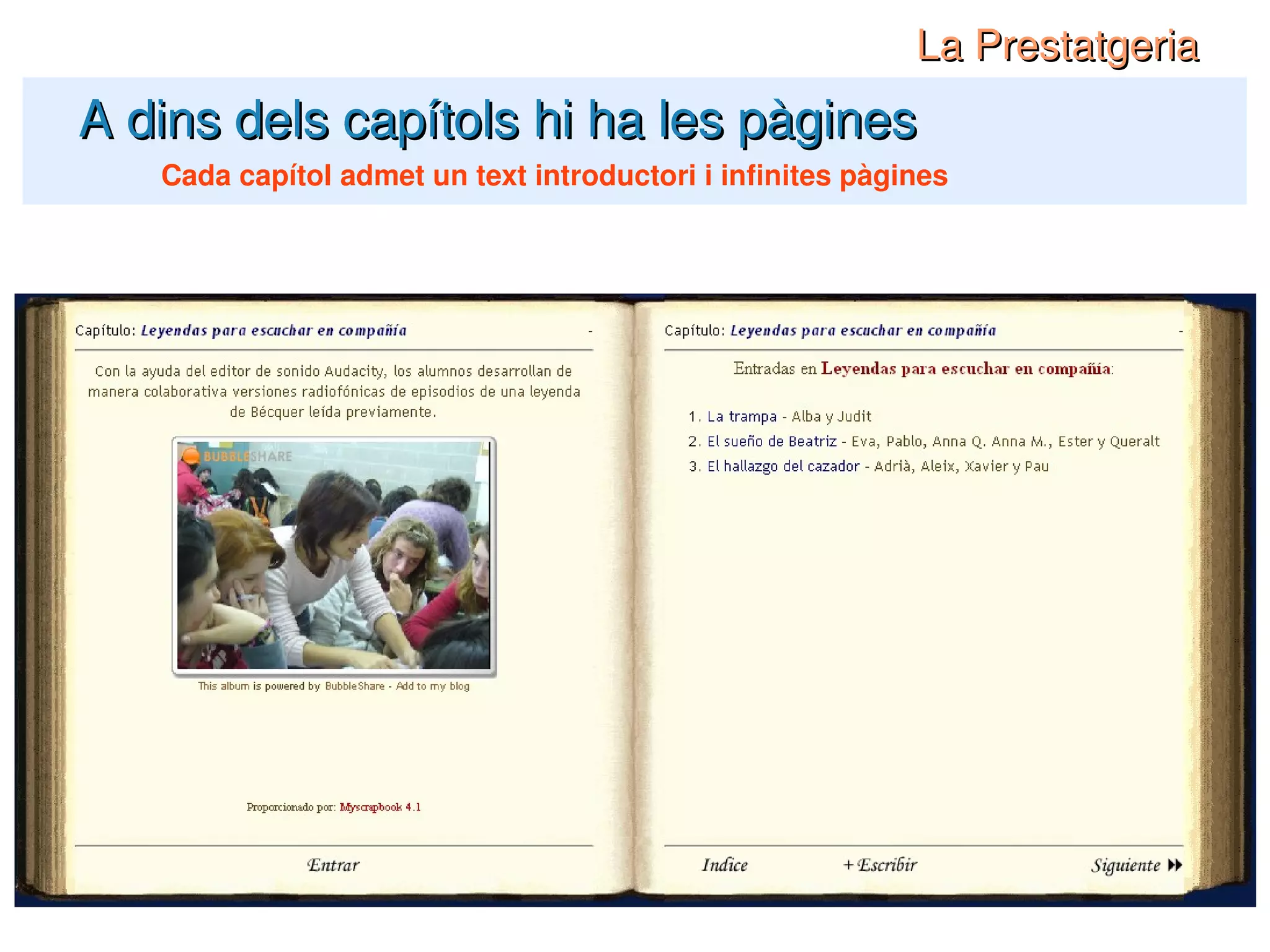 A dins dels capítols hi ha les pàgines Cada capítol admet un text introductori i infinites pàgines La Prestatgeria 