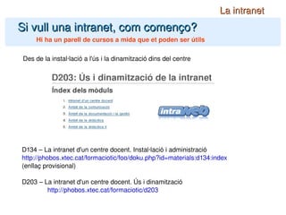 Si vull una intranet, com començo? La intranet Hi ha un parell de cursos a mida que et poden ser útils D134 – La intranet d'un centre docent. Instal·lació i administració http://phobos.xtec.cat/formaciotic/foo/doku.php?id=materials:d134:index (enllaç provisional) D203 – La intranet d'un centre docent. Ús i dinamització http://phobos.xtec.cat/formaciotic/d203 Des de la instal·lació a l'ús i la dinamització dins del centre 