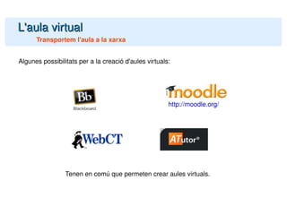 L'aula virtual Transportem l'aula a la xarxa Algunes possibilitats per a la creació d'aules virtuals: Tenen en comú que permeten crear aules virtuals. http://moodle.org/ 