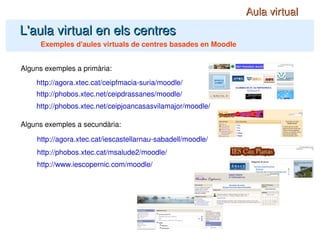 L'aula virtual en els centres Exemples d'aules virtuals de centres basades en Moodle Aula virtual http://phobos.xtec.net/ceipdrassanes/moodle/ Alguns exemples a primària: Alguns exemples a secundària: http://agora.xtec.cat/iescastellarnau-sabadell/moodle/ http://agora.xtec.cat/ceipfmacia-suria/moodle/ http://phobos.xtec.cat/msalude2/moodle/ http://www.iescopernic.com/moodle/ http://phobos.xtec.net/ceipjoancasasvilamajor/moodle/ 