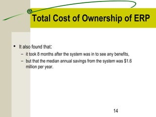 Total Cost of Ownership of ERP 
14 
• It also found that: 
– it took 8 months after the system was in to see any benefits, 
– but that the median annual savings from the system was $1.6 
million per year. 
 
