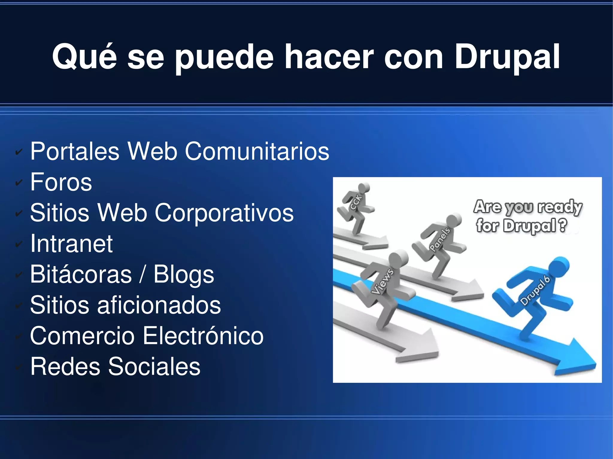 Qué se puede hacer con Drupal

✔ Portales Web Comunitarios
✔ Foros

✔ Sitios Web Corporativos

✔ Intranet

✔ Bitácoras / Blogs

✔ Sitios aficionados

✔ Comercio Electrónico

✔ Redes Sociales




                         
 