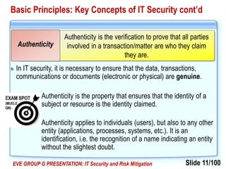 Slide 11/100EVE GROUP G PRESENTATION: IT Security and Risk Mitigation
Basic Principles: Key Concepts of IT Security cont’d
In IT security, it is necessary to ensure that the data, transactions,
communications or documents (electronic or physical) are genuine.
Authenticity is the property that ensures that the identity of a
subject or resource is the identity claimed.
Authenticity applies to individuals (users), but also to any other
entity (applications, processes, systems, etc.). It is an
identification, i.e. the recognition of a name indicating an entity
without the slightest doubt.
Authenticity is the verification to prove that all parties
involved in a transaction/matter are who they claim
they are.
Authenticity
 