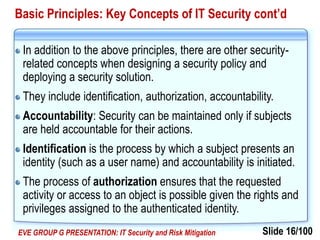 Slide 16/100EVE GROUP G PRESENTATION: IT Security and Risk Mitigation
Basic Principles: Key Concepts of IT Security cont’d
In addition to the above principles, there are other security-
related concepts when designing a security policy and
deploying a security solution.
They include identification, authorization, accountability.
Accountability: Security can be maintained only if subjects
are held accountable for their actions.
Identification is the process by which a subject presents an
identity (such as a user name) and accountability is initiated.
The process of authorization ensures that the requested
activity or access to an object is possible given the rights and
privileges assigned to the authenticated identity.
 
