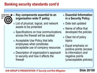 Slide 20/100EVE GROUP G PRESENTATION: IT Security and Risk Mitigation
Banking security standards cont’d
Key components essential to an
organization wide IT policy
List of physical, logical, and network
assets to be protected
Specifications on how communications
across the firewall will be audited
Acceptable Use Policy that tells
employees what constitutes
acceptable use of company resources
Description of organization’s approach
to security and how it affects the
firewall
Essential Information
in a Security Policy
Date last updated
Name of office that
developed the policies
Clear list of policy
topics
Equal emphasis on
positive points (access
to information) and
negative points
(unacceptable policies)
 