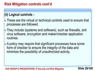 Slide 29/100EVE GROUP G PRESENTATION: IT Security and Risk Mitigation
Risk Mitigation controls cont’d
(ii) Logical controls -
These are the virtual or technical controls used to ensure that
processes are followed.
They include (systems and software), such as firewalls, anti
virus software, encryption and maker/checker application
routines.
A policy may require that significant processes have some
form of checker to ensure the integrity of the data and
minimize the possibility of unauthorized activity.
 