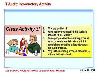 Slide 78/100EVE GROUP G PRESENTATION: IT Security and Risk Mitigation
IT Audit: Introductory Activity
1. Who are auditors?
2. Have you ever witnessed the auditing
process? If so, where?
3. Some people view the auditing process
as a confrontation. Why do you think
people have negative attitude towards
the audit process?
4. Why is the auditing process essential to
a financial institution?
Class Activity 3!
 