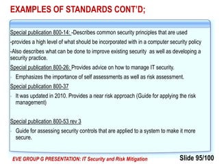 Slide 95/100EVE GROUP G PRESENTATION: IT Security and Risk Mitigation
EXAMPLES OF STANDARDS CONT’D;
Special publication 800-14: -Describes common security principles that are used
-provides a high level of what should be incorporated with in a computer security policy
-Also describes what can be done to improve existing security as well as developing a
security practice.
Special publication 800-26: Provides advice on how to manage IT security.
• Emphasizes the importance of self assessments as well as risk assessment.
Special publication 800-37
• It was updated in 2010. Provides a near risk approach (Guide for applying the risk
management)
Special publication 800-53 rev 3
• Guide for assessing security controls that are applied to a system to make it more
secure.
 