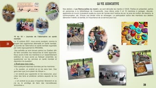 20
10 du 10 – Journée de l’alternative en santé
mentale
Le 12 octobre 2021, nous avons souligné, comme la
plupart des organismes alternatifs en santé mentale,
la journée de l’alternative en santé mentale organisée
par notre regroupement le RRASMQ.
Des activités se sont tenues partout au Québec afin
de faire connaître nos ressources et notre approche.
Nous avons invité nos membres à un rassemblement
extérieur où nous avons pu festoyer ensemble, se
questionner sur les services en santé mentale et
répondre à la question :
L’Éveil pour moi c’est…
Voici quelques réponses données par les membres :
« Du soutien, un endroit où je me sens bien. Des
gens bien que j’ai le plaisir de côtoyer ».
« Un endroit pour apprendre et me ressourcer, pour
créer des liens et améliorer certains aspects de ma
vie ».
- « Un endroit où je peux m’exprimer librement et où
j’ai eu le privilège de faire des merveilleuses
rencontres ».
LA VIE ASSOCIATIVE
Nos ateliers « Les Retrouvailles du mardi » se sont déroulés les mardis à 13h30. Parfois en présentiel, parfois
en personnes à la bibliothèque de Cowansville, nous étions entre 5 et 15 membres à partager, discuter,
apprendre et s’ouvrir à plusieurs sujets au cours de l’année dont l’estime de soi, la zone de confort, les besoins, la
communication, etc. Encore une année riche en échanges. La participation active des membres aux ateliers
démontre l’intérêt, le bienfait, et l’importance de ce service pour eux.
20
 