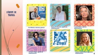 6
Tim Wisdom, directeur général
Nancy Di-Vincenzo, agente de
rétablissement
L’ÉQUIPE DE
TRAVAIL
Carolyne Roger, agente de
rétablissement
Jessica Dupont-Roux, agente de
rétablissement
Louise Daniel, adjointe
administrative
6
 