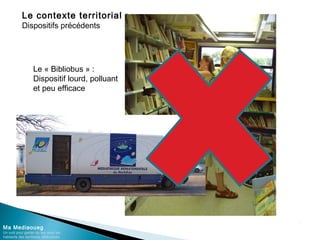 Le contexte territorial :
Dispositifs précédents
Ma Mediaoueg
Un outil pour garder du lien avec les
habitants des territoires défavorisés
Le « Bibliobus » :
Dispositif lourd, polluant
et peu efficace
 