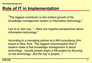 Knowledge Management
16
Role of IT in Implementation
“The biggest contributor to this brilliant growth of the
knowledge management system is information technology.”
Lee et al. also say, “...there are negative perspectives about
information technology.”
According to a managing partner at a KM consultancy firm
based in New York, “The biggest misconception that IT
leaders make is that knowledge management is about
technology...Usually people begin a KM project by focusing
on the technology...But the key is people...”
(15),(16)
 
