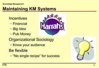 Knowledge Management
26
Maintaining KM Systems
Incentives
– Financial
– Big Idea
– Pub Money
Organizational Sociology
– Know your audience
Be flexible
– “No single recipe” for success
(13)
 