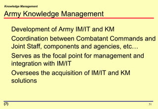 Knowledge Management
51
Army Knowledge Management
Development of Army IM/IT and KM
Coordination between Combatant Commands and
Joint Staff, components and agencies, etc…
Serves as the focal point for management and
integration with IM/IT
Oversees the acquisition of IM/IT and KM
solutions
(7)
 