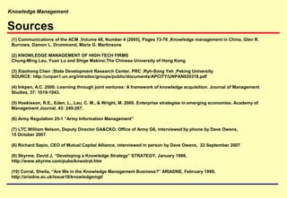 Knowledge Management
Sources
(1) Communications of the ACM ,Volume 48, Number 4 (2005), Pages 73-76 ,Knowledge management in China, Glen R.
Burrows, Damon L. Drummond, Maris G. Martinsons
(2) KNOWLEDGE MANAGEMENT OF HIGH-TECH FIRMS
Chung-Ming Lau, Yuan Lu and Shige Makino;The Chinese University of Hong Kong
(3) Xiaohong Chen ;State Development Research Center, PRC ;Ryh-Song Yeh ,Peking University
SOURCE: http://unpan1.un.org/intradoc/groups/public/documents/APCITY/UNPAN020318.pdf
(4) Inkpen, A.C. 2000. Learning through joint ventures: A framework of knowledge acquisition. Journal of Management
Studies, 37: 1019-1043.
(5) Hoskisson, R.E., Eden, L., Lau, C. M., & Wright, M. 2000. Enterprise strategies in emerging economies. Academy of
Management Journal, 43: 249-267.
(6) Army Regulation 25-1 “Army Information Management”
(7) LTC William Nelson, Deputy Director GA&CKO, Office of Army G6, interviewed by phone by Dave Owens,
15 October 2007.
(8) Richard Sapio, CEO of Mutual Capital Alliance, interviewed in person by Dave Owens, 22 September 2007
(9) Skyrme, David J, “Developing a Knowledge Strategy” STRATEGY, January 1998,
http://www.skyrme.com/pubs/knwstrat.htm
(10) Corral, Sheila, “Are We in the Knowledge Management Business?” ARIADNE, February 1999,
http://ariadne.ac.uk/issue18/knowledgemgt/
 