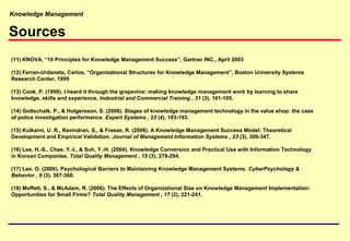 Knowledge Management
Sources
(11) KNOVA, “10 Principles for Knowledge Management Success”, Gartner INC., April 2003
(12) Ferran-Urdaneta, Carlos, “Organizational Structures for Knowledge Management”, Boston University Systems
Research Center, 1999
(13) Cook, P. (1999). I heard it through the grapevine: making knowledge management work by learning to share
knowledge, skills and experience. Industrial and Commercial Training , 31 (3), 101-105.
(14) Gottschalk, P., & Holgersson, S. (2006). Stages of knowledge management technology in the value shop: the case
of police investigation performance. Expert Systems , 23 (4), 183-193.
(15) Kulkarni, U. R., Ravindran, S., & Freeze, R. (2006). A Knowledge Management Success Model: Theoretical
Development and Empirical Validation. Journal of Management Information Systems , 23 (3), 309-347.
(16) Lee, H.-S., Chae, Y.-I., & Suh, Y.-H. (2004). Knowledge Conversion and Practical Use with Information Technology
in Korean Companies. Total Quality Management , 15 (3), 279-294.
(17) Lee, O. (2006). Psychological Barriers to Maintaining Knowledge Management Systems. CyberPsychology &
Behavior , 9 (3), 367-368.
(18) Moffett, S., & McAdam, R. (2006). The Effects of Organizational Size on Knowledge Management Implementation:
Opportunities for Small Firms? Total Quality Management , 17 (2), 221-241.
 