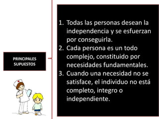 PRINCIPALES
SUPUESTOS
1. Todas las personas desean la
independencia y se esfuerzan
por conseguirla.
2. Cada persona es un todo
complejo, constituido por
necesidades fundamentales.
3. Cuando una necesidad no se
satisface, el individuo no está
completo, integro o
independiente.
 