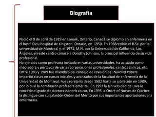 Biografía
Nació el 9 de abril de 1929 en Lanark, Ontario, Canadá.se diplomo en enfermería en
el hotel Dieu hospital de Kingston, Ontario, en 1950. En 1966recibio el B.Sc. por la
universidad de Montreal y, el 1971, M.N. por la Universidad de California, Los
Ángeles, en este centro conoce a Dorothy Johnson, la principal influencia de su vida
profesional.
Ha ejercido como profesora invitada en varias universidades, ha actuado como
mediadora y portavoz de varias corporaciones profesionales, centros clínicos, etc.
Entre 1983 y 1989 fue miembro del consejo de revisión de: Nurcing Papers.
Impartió clases en cursos iniciales y avanzados de la facultad de enfermería de la
Universidad de Montreal. Fue secretaria desde 1982 hasta su jubilación en 1989,
por lo cual la nombraron profesora emérita. En 1992 la Universidad de Lava le
concede el grado de doctora honoris causa. En 1995 la Order of Nurses de Quebec
la distingue con su galardón Orden del Mérito por sus importantes aportaciones a la
enfermería.
 