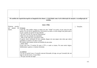 171
Os sentidos do respeito/desrespeito no imaginário dos alunos: a criatividade como via de elaboração de emoções e reconfiguração de
sentidos
Histórias escritas
por grupos de
alunos.
Amor e Ódio
O Garoto
Certo dia, meu melhor amigo se meteu em uma “cilada” na escola, só por causa de uma
garota. Era um dia de segunda-feira, iniciavam-se as aulas e os dois amigos iam juntos para a
escola, quando um garoto foi logo falando:
- Por que você deu em cima da minha garota?
Aflito com essa situação ele respondeu:
- Olha eu não sabia que você gostava dela.
O garoto estava morrendo de raiva, quando chegou em casa pegou uma arma que estava
guardada no armário e foi para a escola.
De repente todo mundo escutou um barulho de uma arma:
- POW. POW.
Foram dois tiros. O menino foi para a UTI e o outro se matou. Foi uma morte trágica.
Infelizmente o garoto e o menino morreram.
A violência
Um dia na escola Lucas e Leonardo estavam brincando, de tapa, ate que Leonardo deu um
tapa na cara de Lucas, e Lucas falou:
- Por que você deu um tapa?
 Emoções.
 