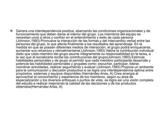  Genera una interdependencia positiva, abarcando las condiciones organizacionales y de
funcionamiento que deben darse al interior del grupo. Los miembros del equipo se
necesitan unos a otros y confían en el entendimiento y éxito de cada persona
(Johnson,1993) Promueve la interacción de las formas y del intercambio verbal entre las
personas del grupo, lo que afecta finalmente a los resultados del aprendizaje. En la
medida en que se posean diferentes medios de interacción, el grupo podrá enriquecerse,
aumentar sus refuerzos y retroalimentarse (Johnson,1993) Valora la contribución individual
dado que cada miembro del grupo asume íntegramente su responsabilidad en la tarea, a
la vez que al socializarla recibe las contribuciones del grupo(Johnson,1993) Estimula
habilidades personales y de grupo al permitir que cada miembro participante desarrolle y
potencie las habilidades personales y grupales como: escuchar, participar, liderar,
coordinar actividades, realizar seguimiento y evaluar (Johnson,1993) Propicia un ambiente
para la comunicación y discusión productiva si se logra una interdependencia óptima entre
propósitos, sistemas y equipos disponibles (Hernández Arias, A) Crea sinergia al
aprovechar el conocimiento y experiencia de los miembros, según su área de
especialización y los diversos enfoques o puntos de vista, se logra así una visión completa
del estudio a realizar mejorando la calidad de las decisiones y de los productos
obtenidos(Hernández Arias, A)
 