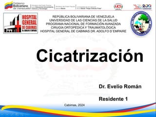 REPÚBLICA BOLIVARIANA DE VENEZUELA
UNIVERSIDAD DE LAS CIENCIAS DE LA SALUD
PROGRAMA NACIONAL DE FORMACIÓN AVANZADA
CIRUGÍA ORTOPÉDICA Y TRAUMATOLÓGICA
HOSPITAL GENERAL DE CABIMAS DR. ADOLFO D´EMPAIRE
Cabimas, 2024
Cicatrización
Dr. Evelio Román
Residente 1
 