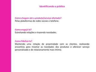 Identificando o público



Como chegam até o produto/serviço ofertado?
Pelas plataformas de redes sociais e telefone.


Como engajá-lo?
Estreitando relações e trazendo novidades.


Como fidelizá-lo?
Mantendo uma relação de proximidade com as clientes, realizando
encontros para mostrar as novidades dos produtos e oferecer serviço
personalizado e de relacionamento mais íntimo.
 